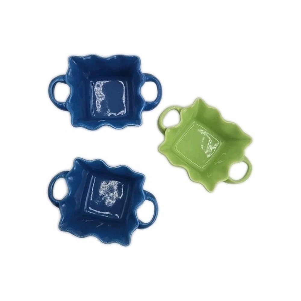 3‎ BIA Blue Green Wavy Square Baker Dishes Abt 3" Or 5" Handle To Handle